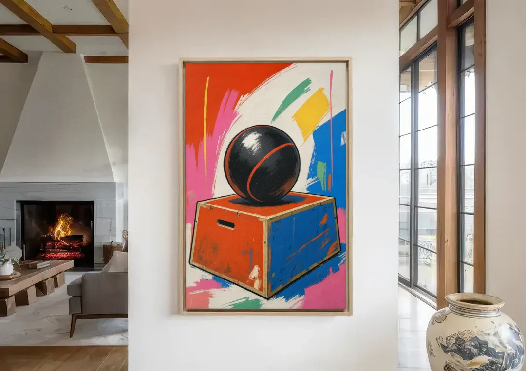 Gym Wall Art Medicine Ball on a Jump Box canvas wall art in a living room with a fireplace