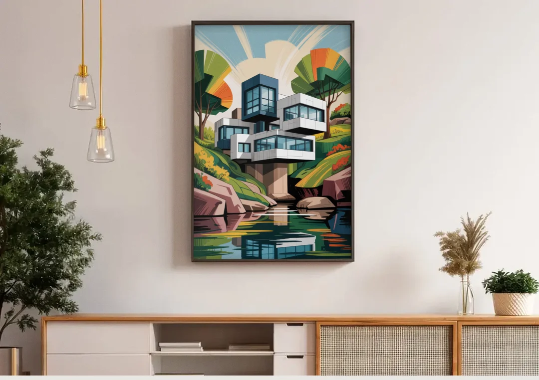 Habitat 67 Architecture canvas wall art above a wooden sideboard under pendant lights