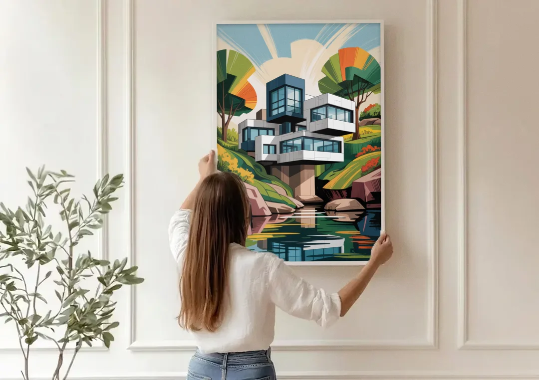 Habitat 67 Architecture canvas wall art being hung on a paneled wall