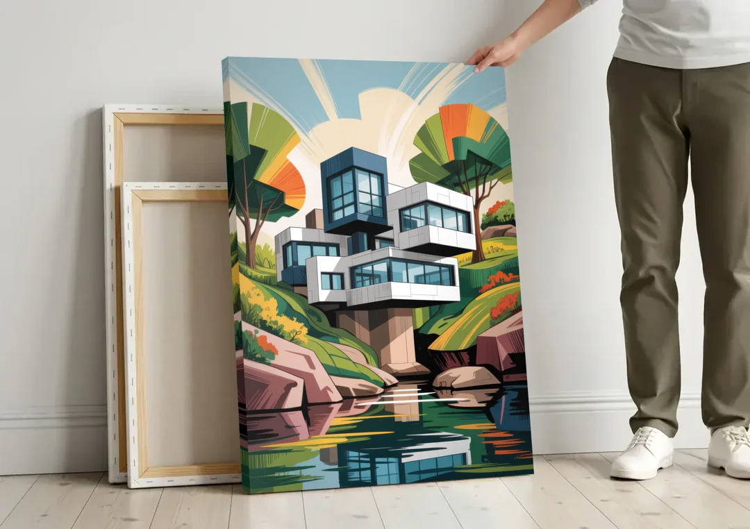 Habitat 67 Architecture canvas wall art leaning against a wall next to blank canvases