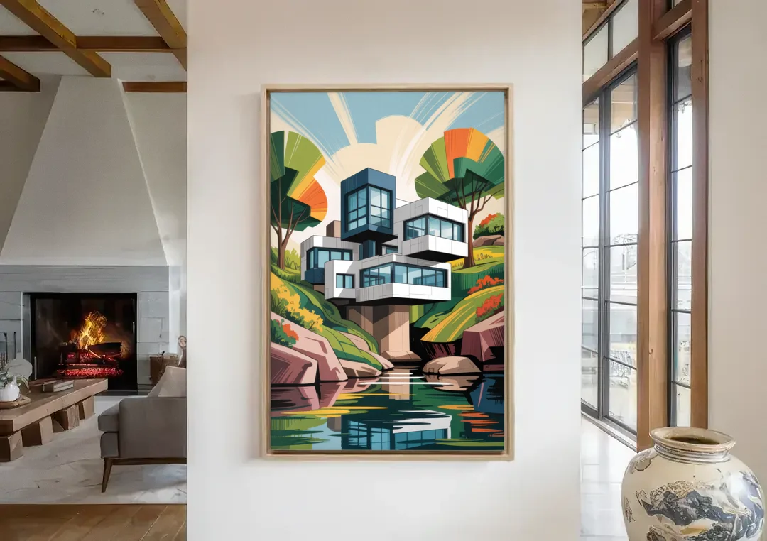 Habitat 67 Architecture canvas wall art in a living room with a fireplace