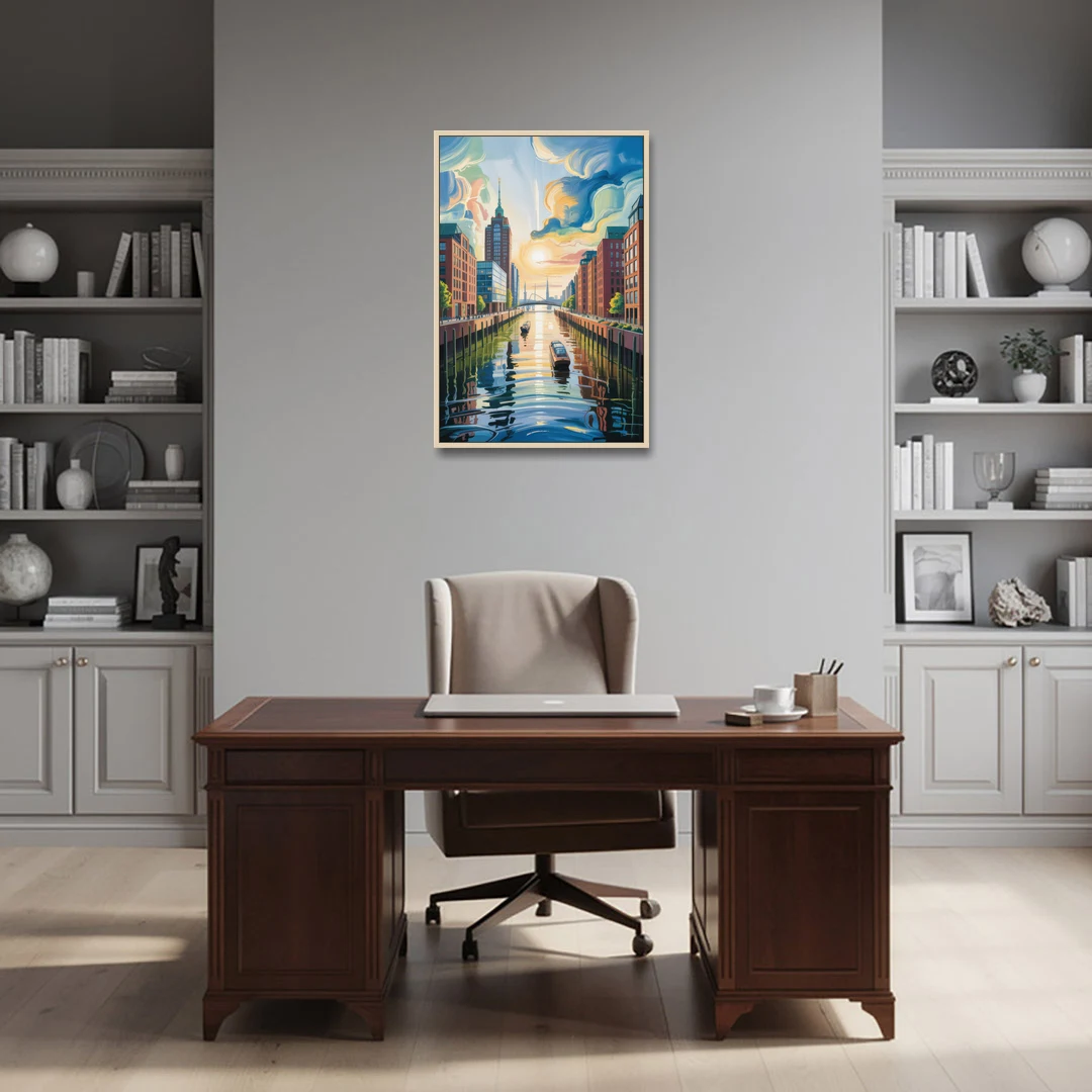 HafenCity Horizon - Oak Framed Canvas Wall Art - Office - 24x36