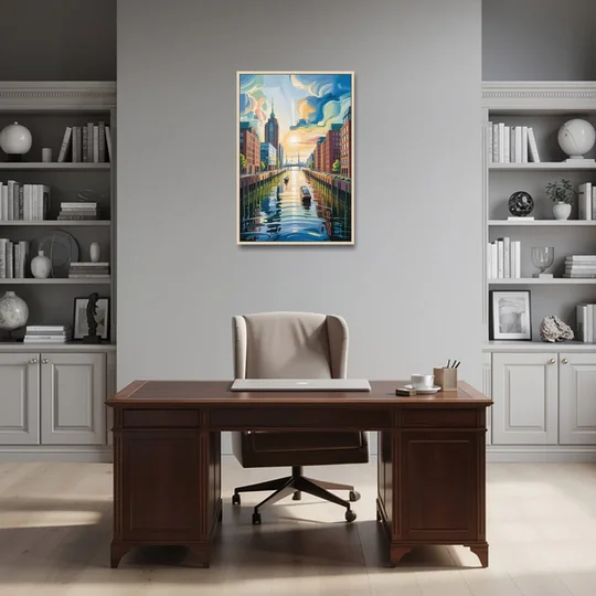 HafenCity Horizon - Oak Framed Canvas Wall Art - Office - 24x36