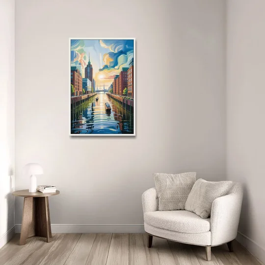 HafenCity Horizon - White Framed Canvas Wall Art - Sofa - 24x36