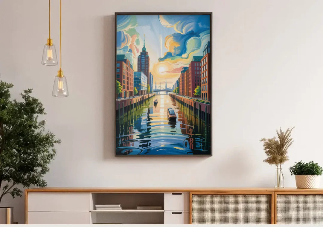 HafenCity Horizon canvas wall art above a wooden sideboard under pendant lights