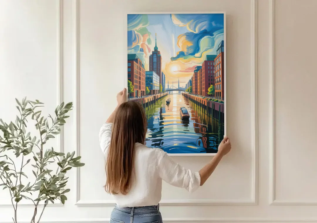 HafenCity Horizon canvas wall art being hung on a paneled wall