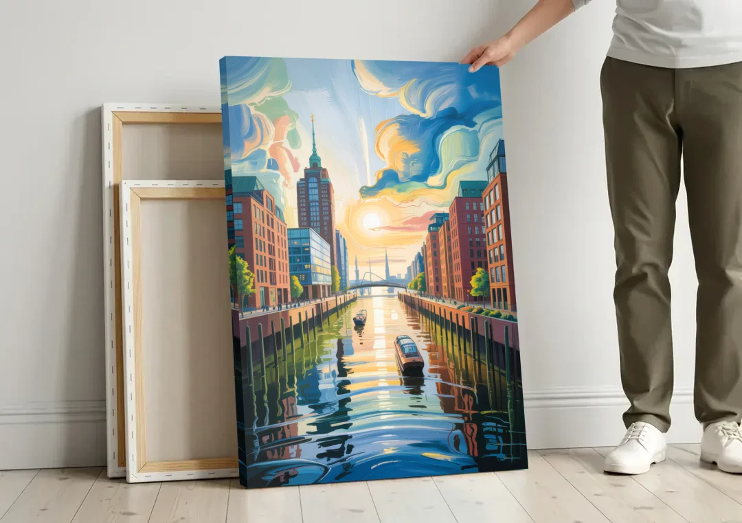 HafenCity Horizon canvas wall art leaning against a wall next to blank canvases