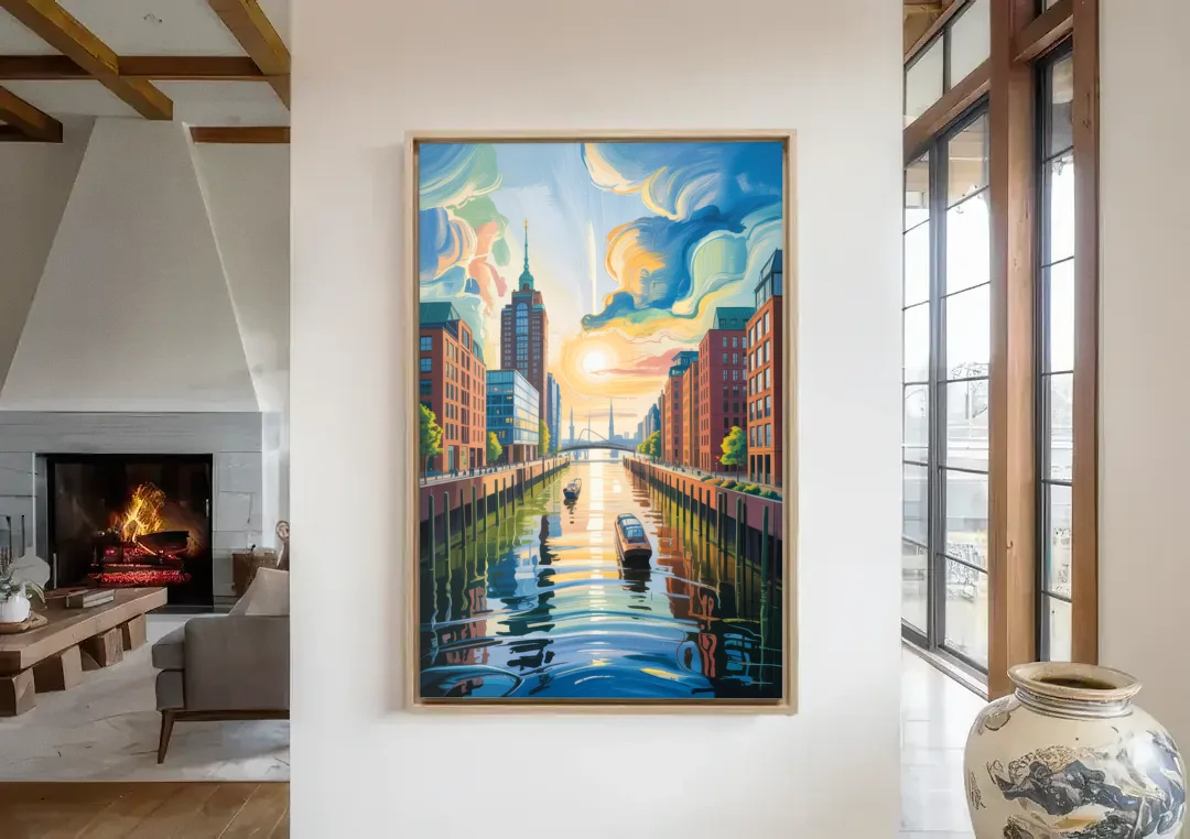HafenCity Horizon canvas wall art in a living room with a fireplace