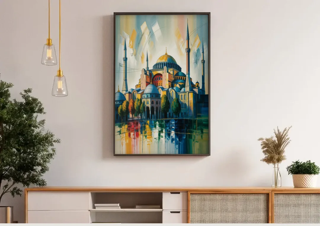 Hagia Sophia Splendor canvas wall art above a wooden sideboard under pendant lights