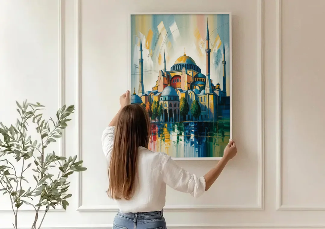 Hagia Sophia Splendor canvas wall art being hung on a paneled wall