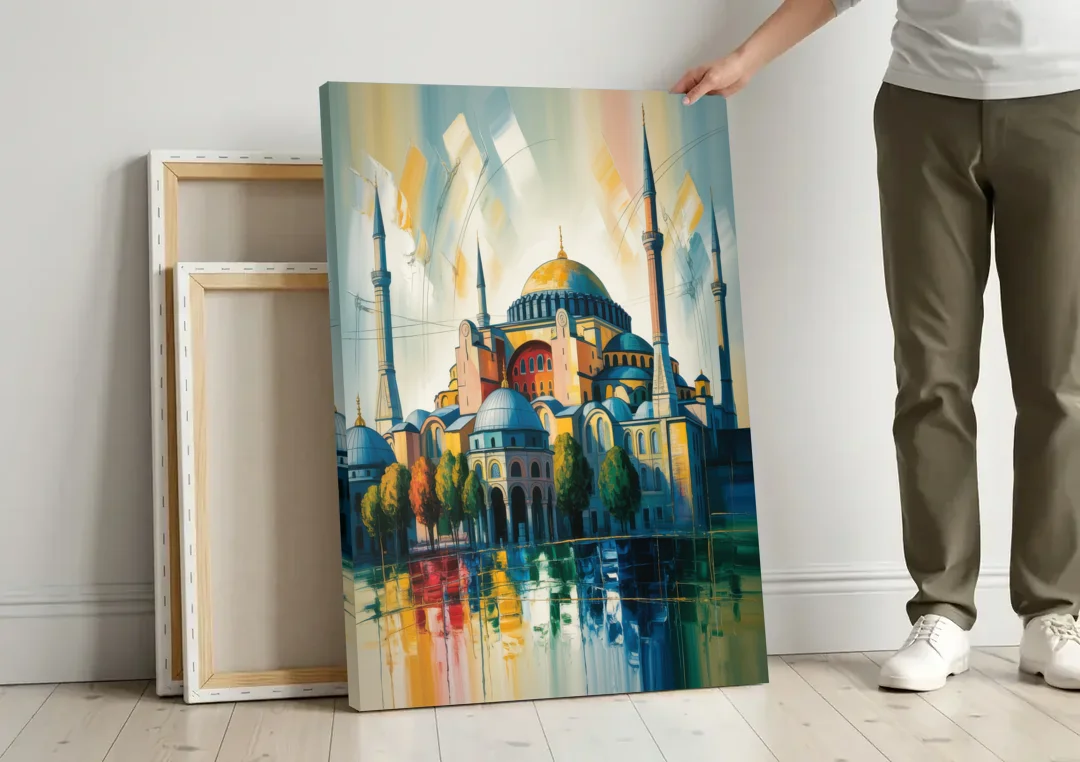 Hagia Sophia Splendor canvas wall art leaning against a wall next to blank canvases