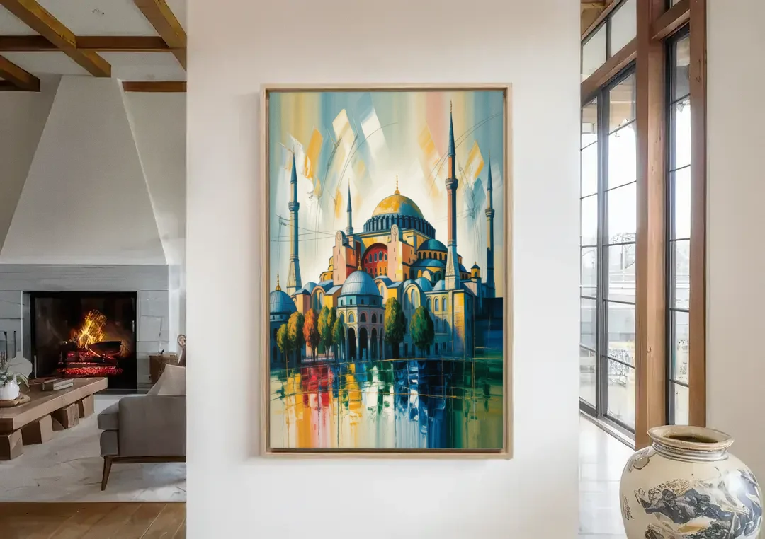 Hagia Sophia Splendor canvas wall art in a living room with a fireplace