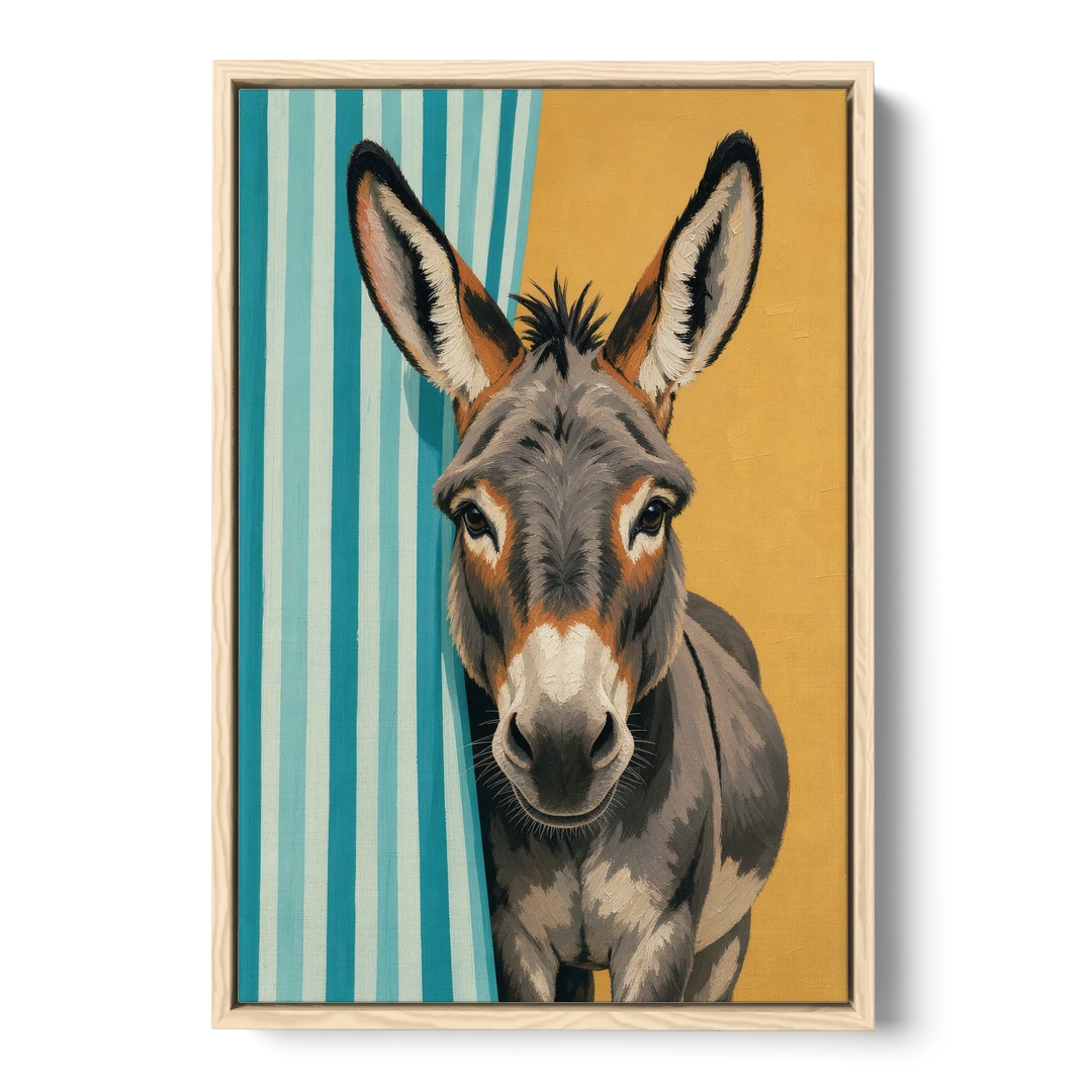 Half Bath Wall Decor with a Curious Donkey - Oak Framed Canvas Wall Art - Front