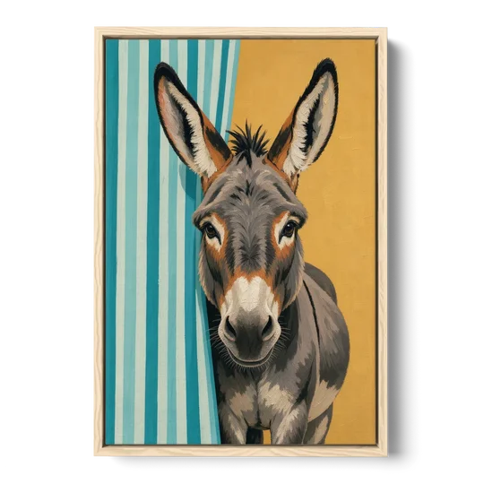 Half Bath Wall Decor with a Curious Donkey - Oak Framed Canvas Wall Art - Front