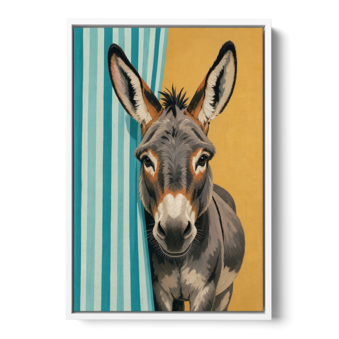 Half Bath Wall Decor with a Curious Donkey - White Framed Canvas Wall Art - Front