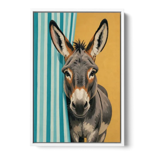 Half Bath Wall Decor with a Curious Donkey - White Framed Canvas Wall Art - Front
