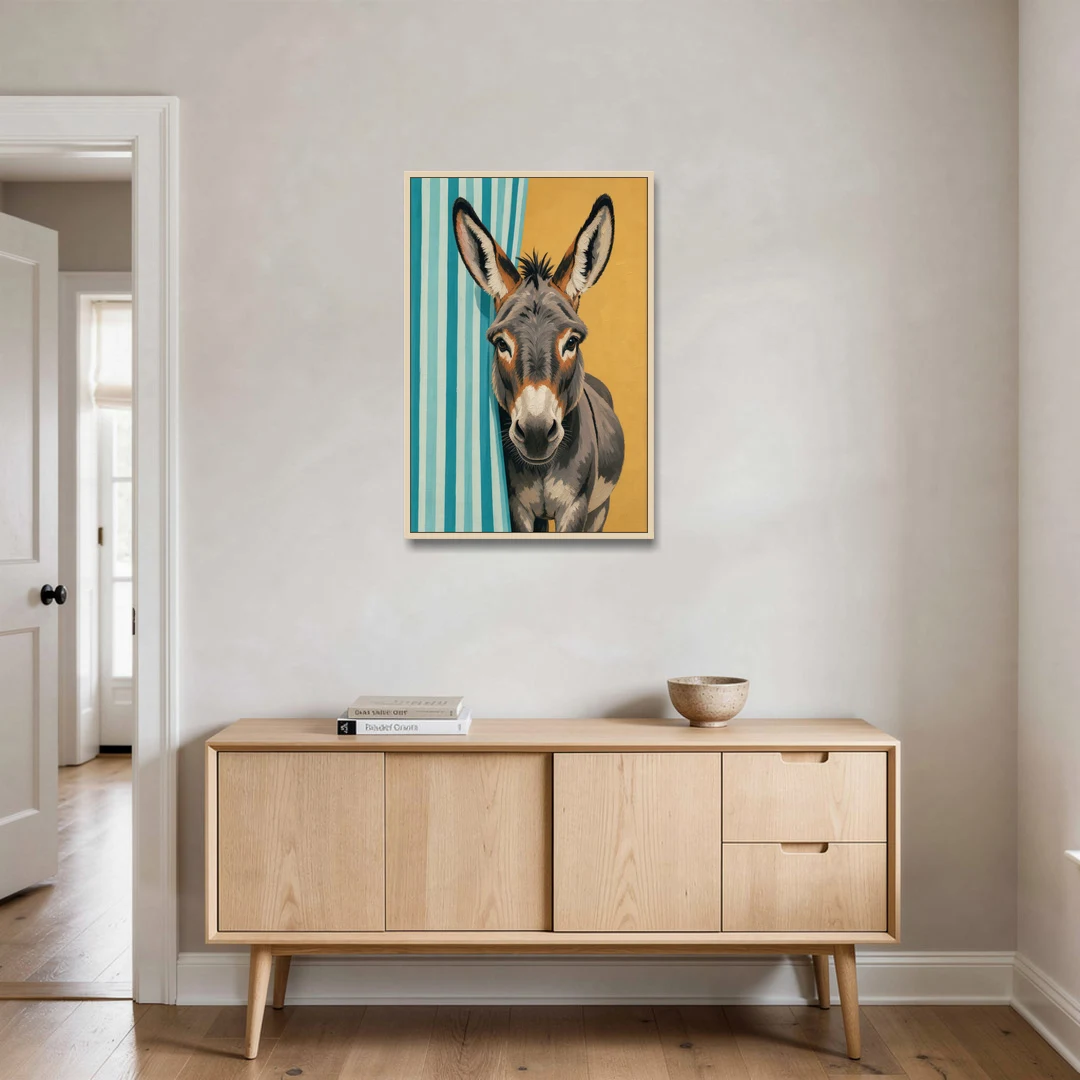 Half Bath Wall Decor with a Curious Donkey - Oak Framed Canvas Wall Art - Coffee Table - 24x36