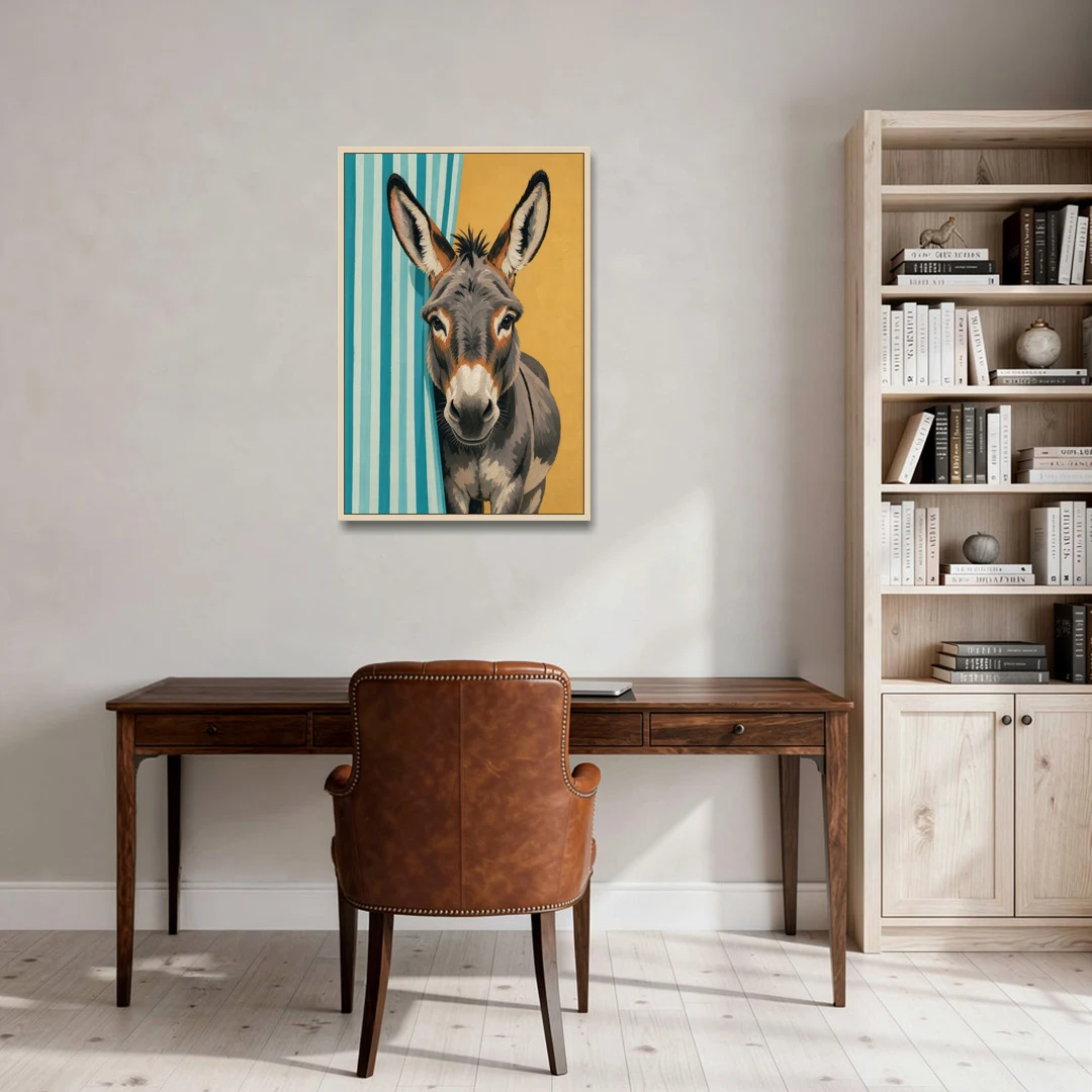 Half Bath Wall Decor with a Curious Donkey - Oak Framed Canvas Wall Art - Office - 24x36