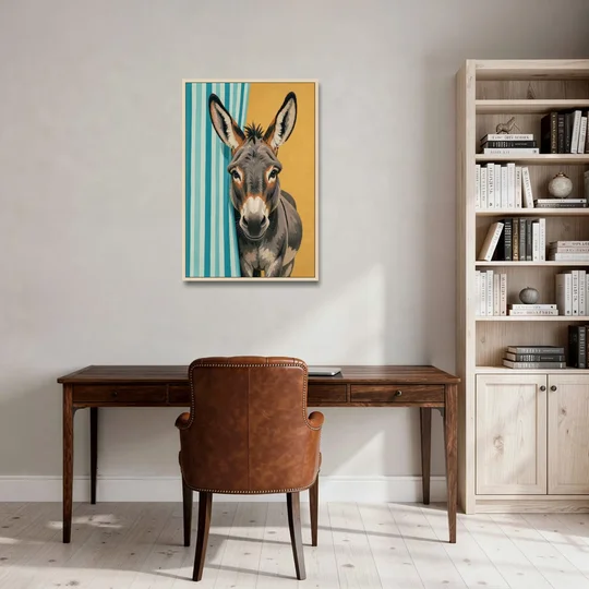Half Bath Wall Decor with a Curious Donkey - Oak Framed Canvas Wall Art - Office - 24x36