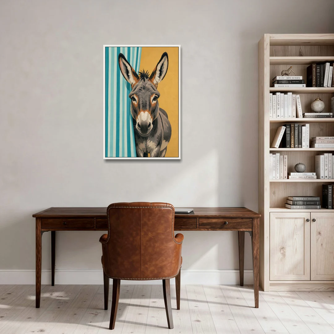 Half Bath Wall Decor with a Curious Donkey - White Framed Canvas Wall Art - Office - 24x36