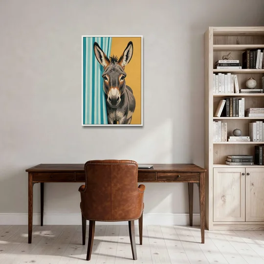 Half Bath Wall Decor with a Curious Donkey - White Framed Canvas Wall Art - Office - 24x36