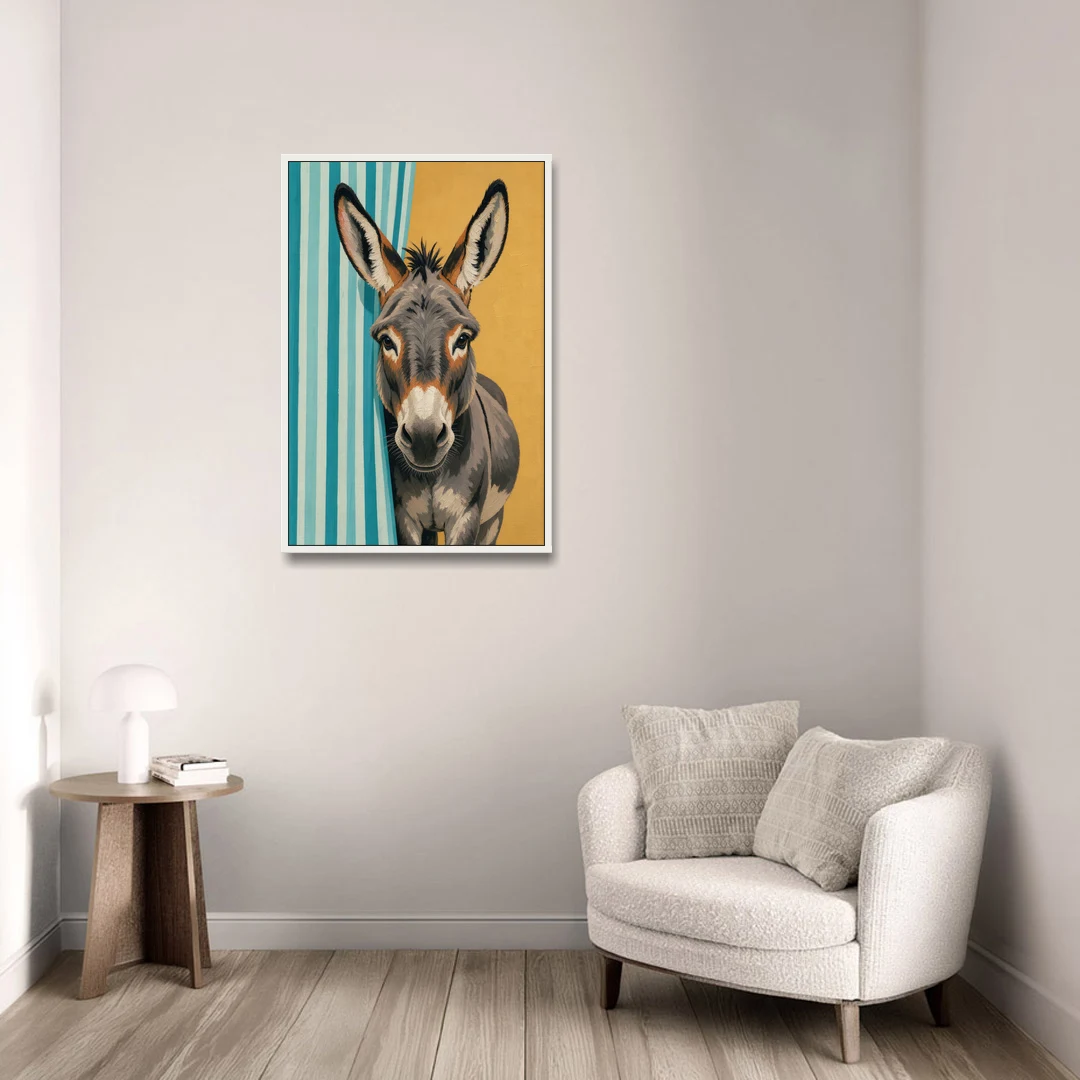 Half Bath Wall Decor with a Curious Donkey - White Framed Canvas Wall Art - Sofa - 24x36
