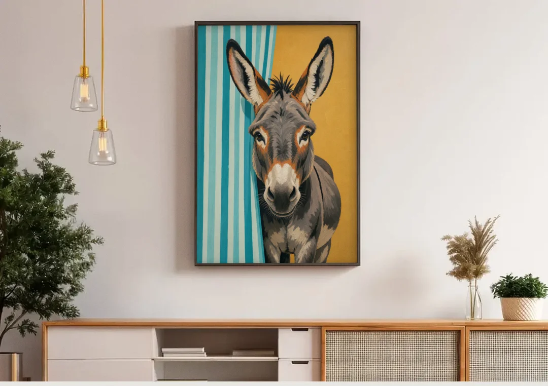 Half Bath Wall Decor with a Curious Donkey canvas wall art above a wooden sideboard under pendant lights