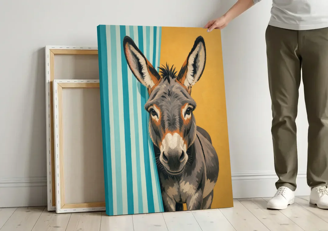 Half Bath Wall Decor with a Curious Donkey canvas wall art leaning against a wall next to blank canvases