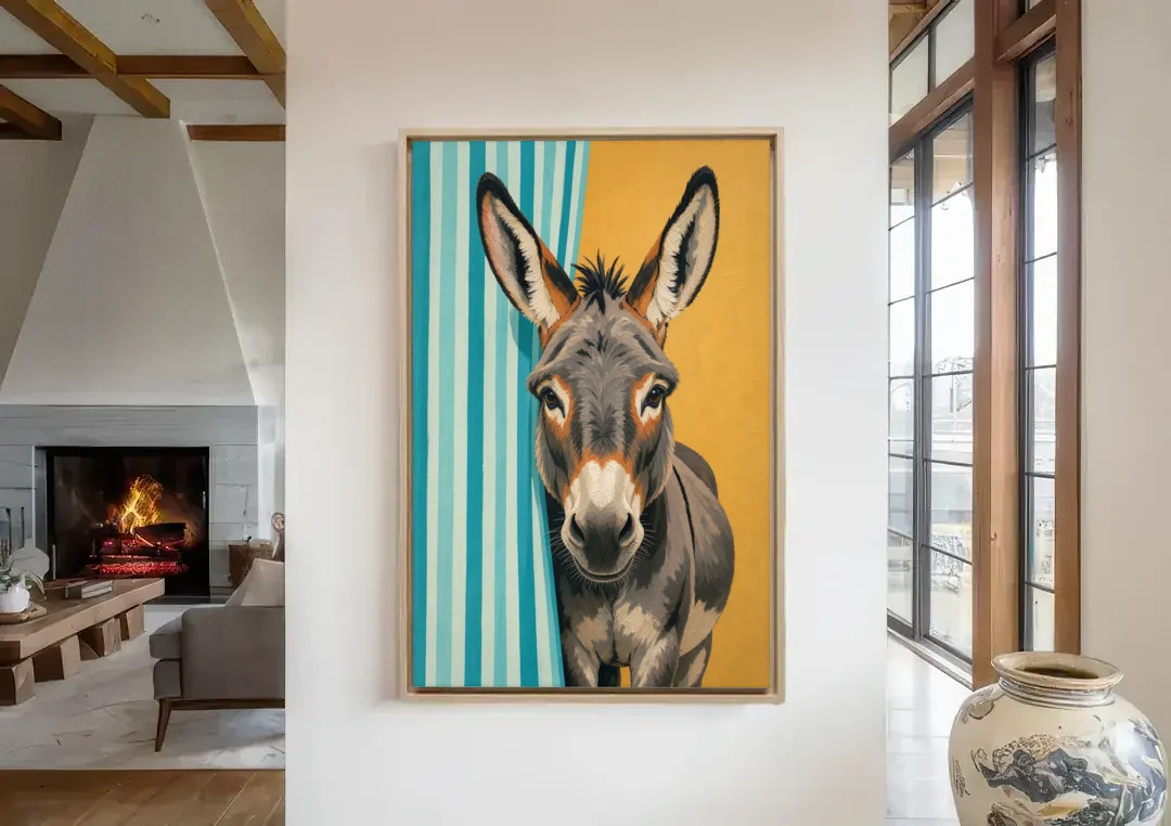 Half Bath Wall Decor with a Curious Donkey canvas wall art in a living room with a fireplace