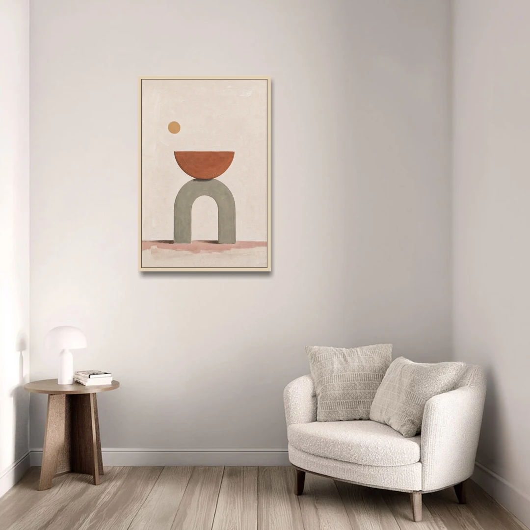Half Moon Wall Art Balanced on a Sage Arch - Oak Framed Canvas Wall Art - Sofa - 24x36