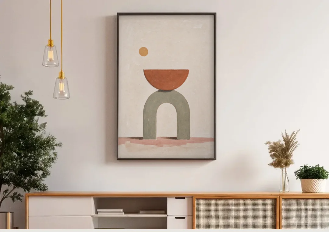 Half Moon Wall Art Balanced on a Sage Arch canvas wall art above a wooden sideboard under pendant lights