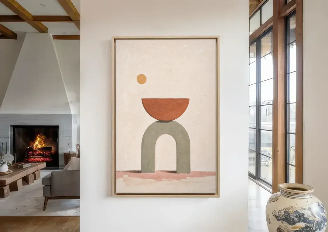 Half Moon Wall Art Balanced on a Sage Arch canvas wall art in a living room with a fireplace