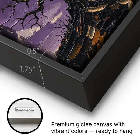 Halloween Canvas Painting of a Moonlit Crooked Oak - Black Framed Canvas Wall Art - Gallery Wrap Corner