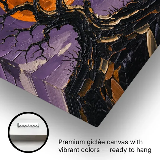 Halloween Canvas Painting of a Moonlit Crooked Oak - Canvas Wall Art - Gallery Wrap Corner