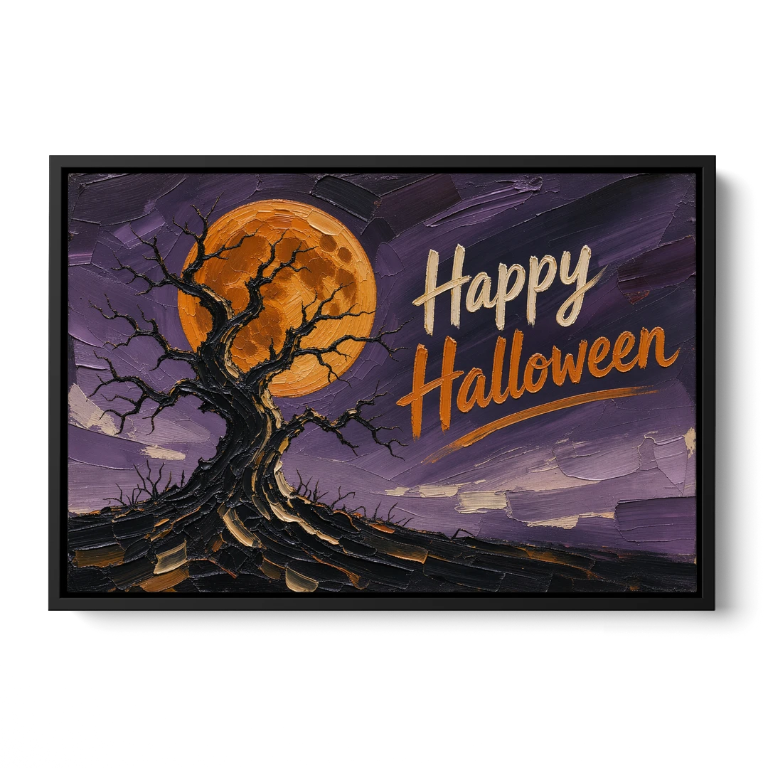 Halloween Canvas Painting of a Moonlit Crooked Oak - Black Framed Canvas Wall Art - Front