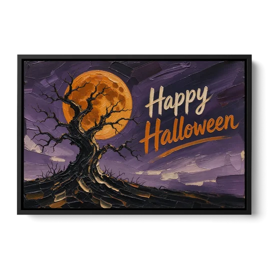 Halloween Canvas Painting of a Moonlit Crooked Oak - Black Framed Canvas Wall Art - Front