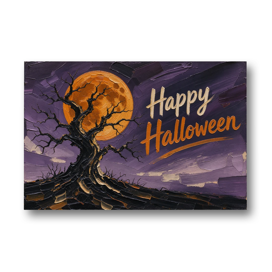 Halloween Canvas Painting of a Moonlit Crooked Oak - Canvas Wall Art - Front