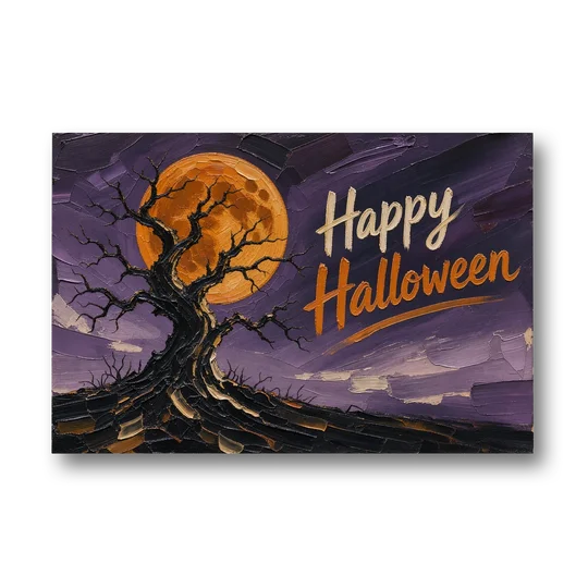 Halloween Canvas Painting of a Moonlit Crooked Oak - Canvas Wall Art - Front