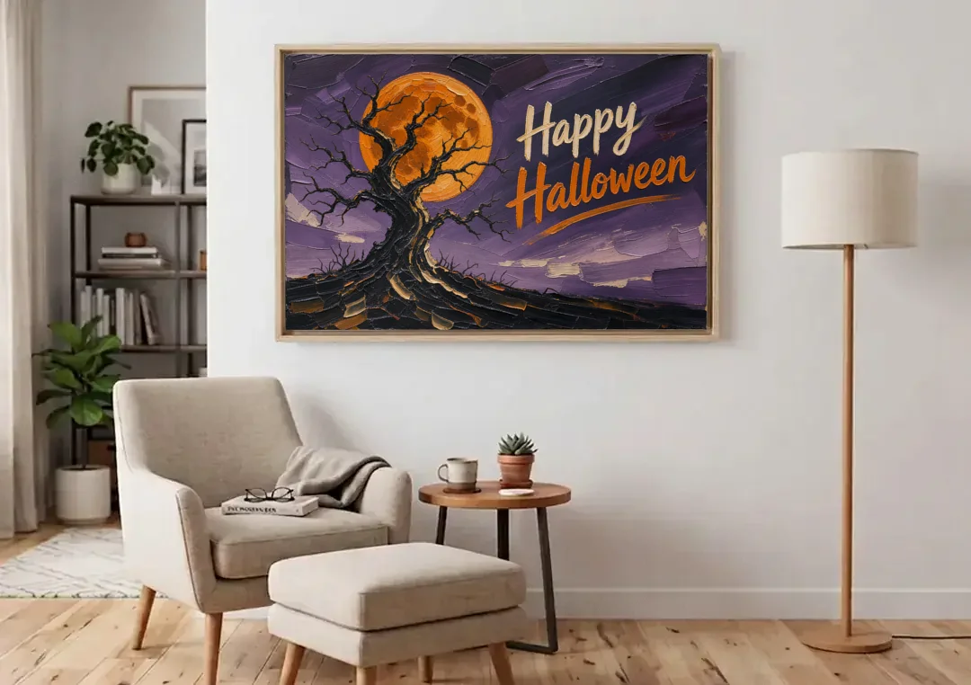 Halloween Canvas Painting of a Moonlit Crooked Oak canvas wall art above an armchair in a bright living room