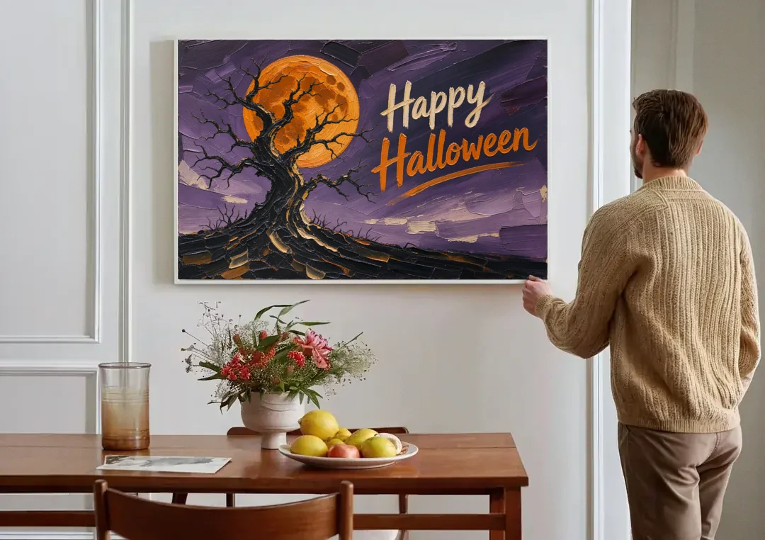 Halloween Canvas Painting of a Moonlit Crooked Oak canvas wall art above a dining table