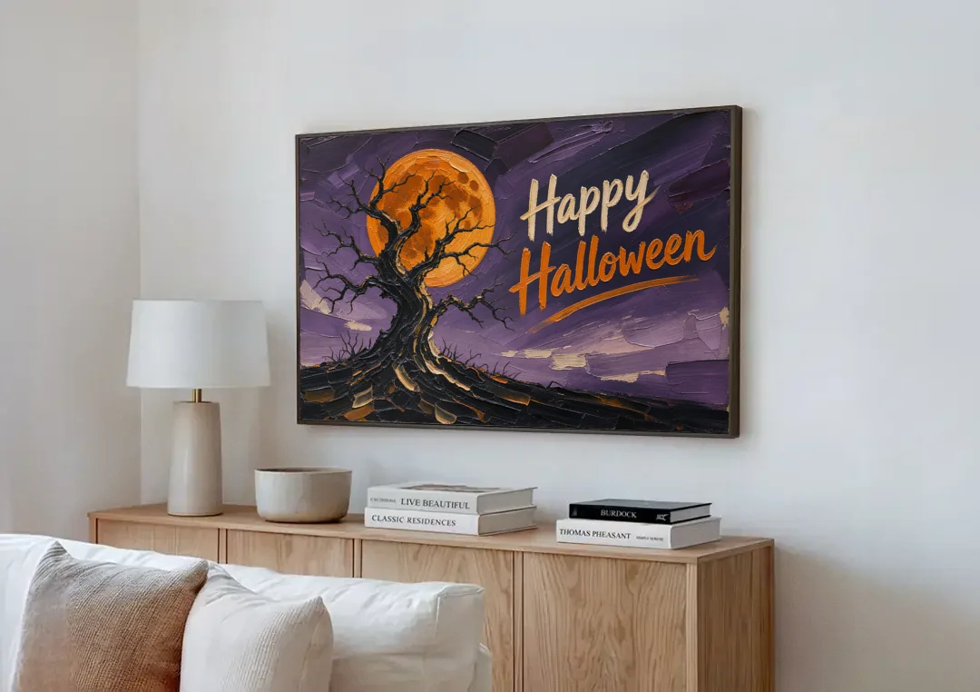Halloween Canvas Painting of a Moonlit Crooked Oak canvas wall art above a wooden sideboard next to a sofa