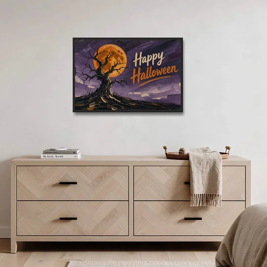 Halloween Canvas Painting of a Moonlit Crooked Oak - Black Framed Canvas Wall Art - Coffee Table - 36x24
