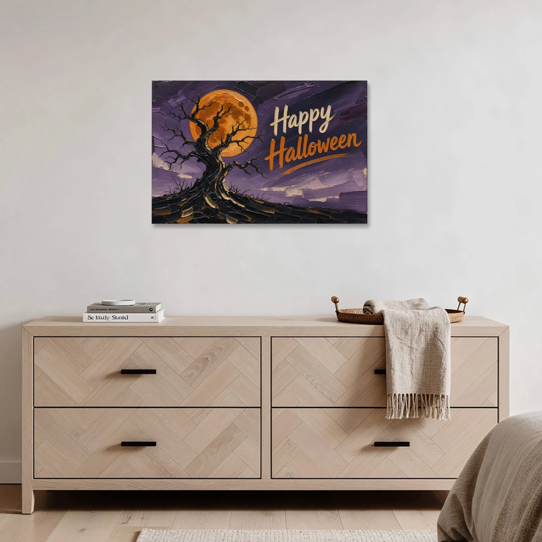 Halloween Canvas Painting of a Moonlit Crooked Oak - Canvas Wall Art - Coffee Table - 36x24