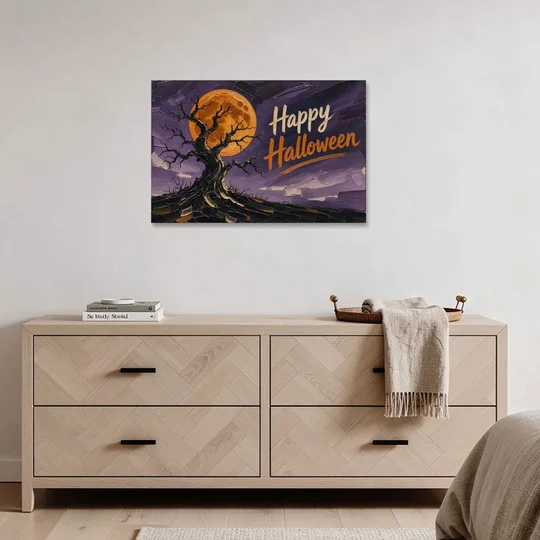 Halloween Canvas Painting of a Moonlit Crooked Oak - Canvas Wall Art - Coffee Table - 36x24