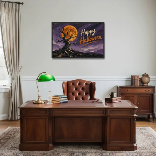 Halloween Canvas Painting of a Moonlit Crooked Oak - Black Framed Canvas Wall Art - Office - 36x24