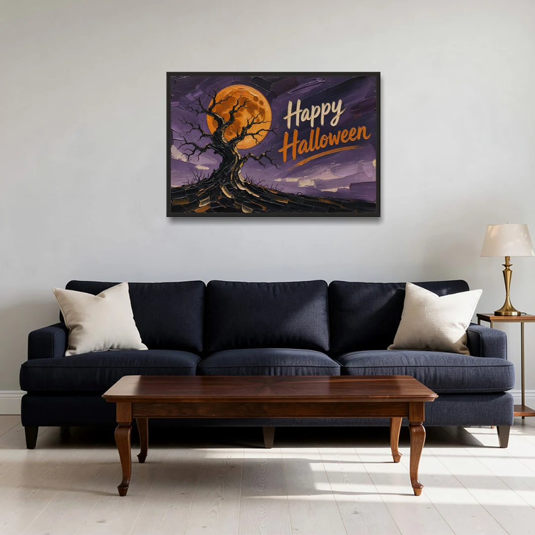 Halloween Canvas Painting of a Moonlit Crooked Oak - Black Framed Canvas Wall Art - Sofa - 36x24