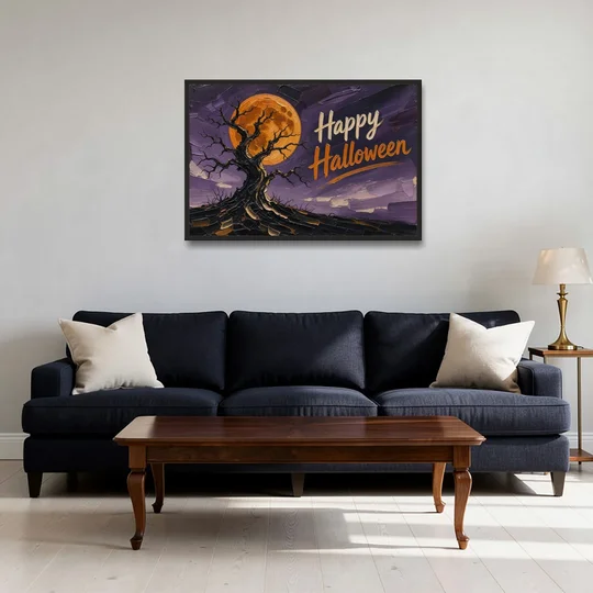 Halloween Canvas Painting of a Moonlit Crooked Oak - Black Framed Canvas Wall Art - Sofa - 36x24