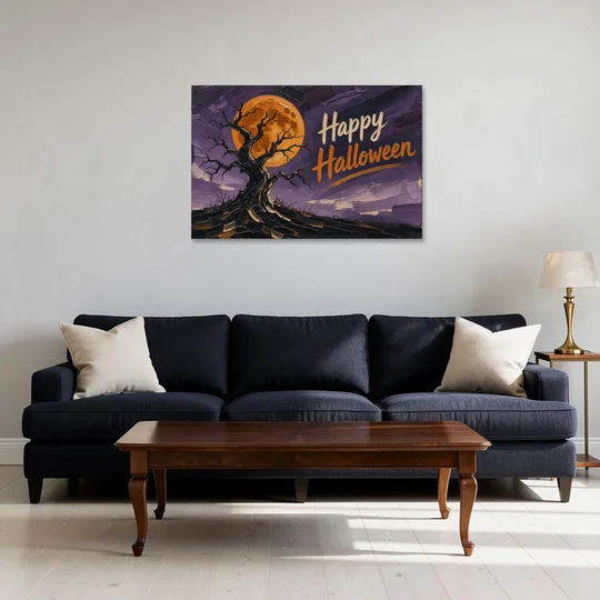 Halloween Canvas Painting of a Moonlit Crooked Oak - Canvas Wall Art - Sofa - 36x24