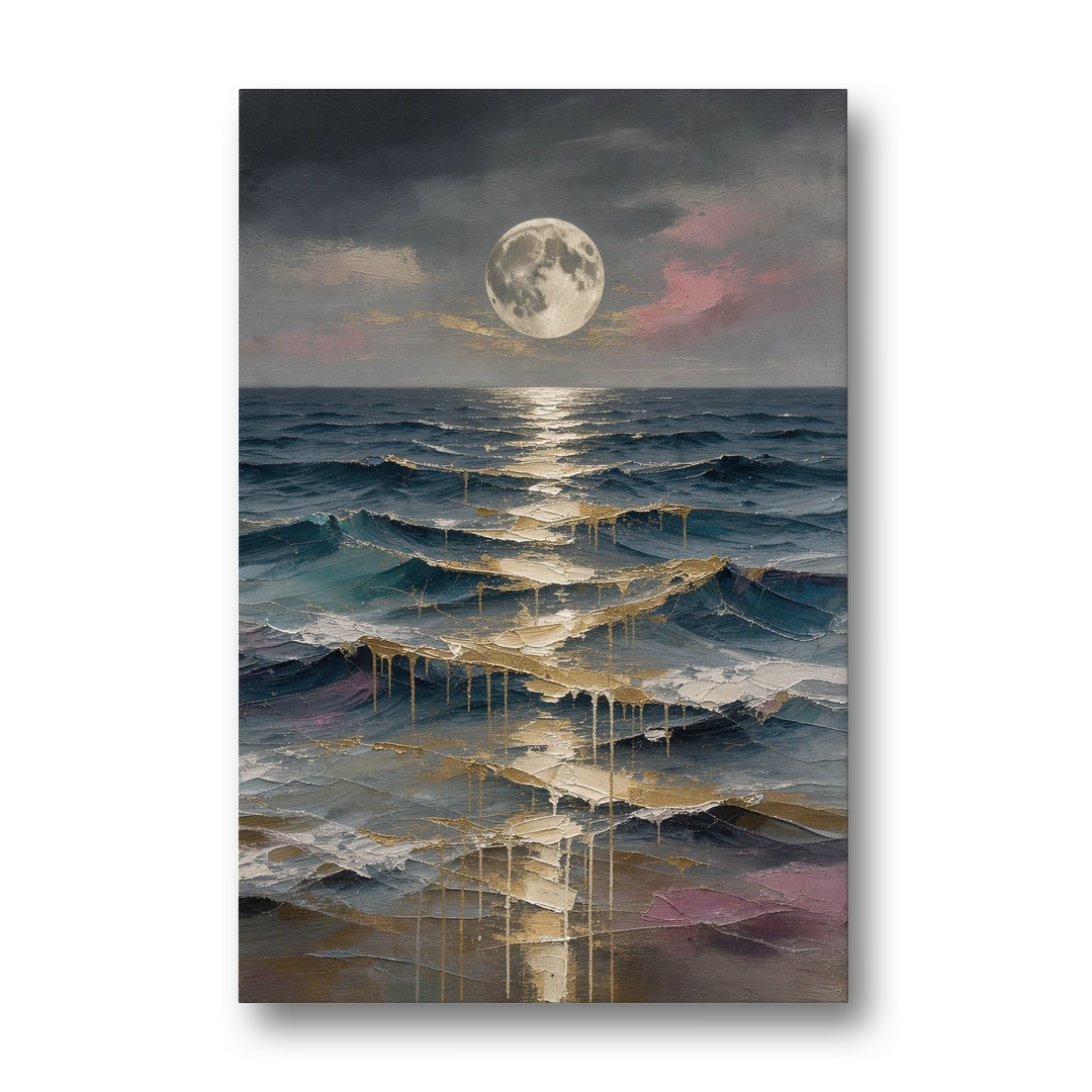 Hallway Wall Art with Gold Moonlight on Waves - Canvas Wall Art - Front