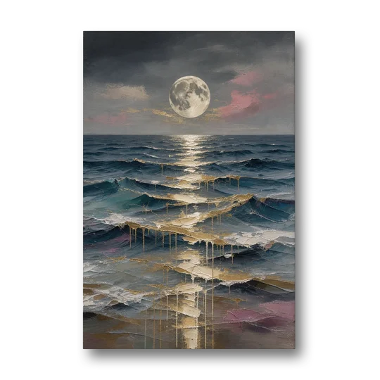 Hallway Wall Art with Gold Moonlight on Waves - Canvas Wall Art - Front